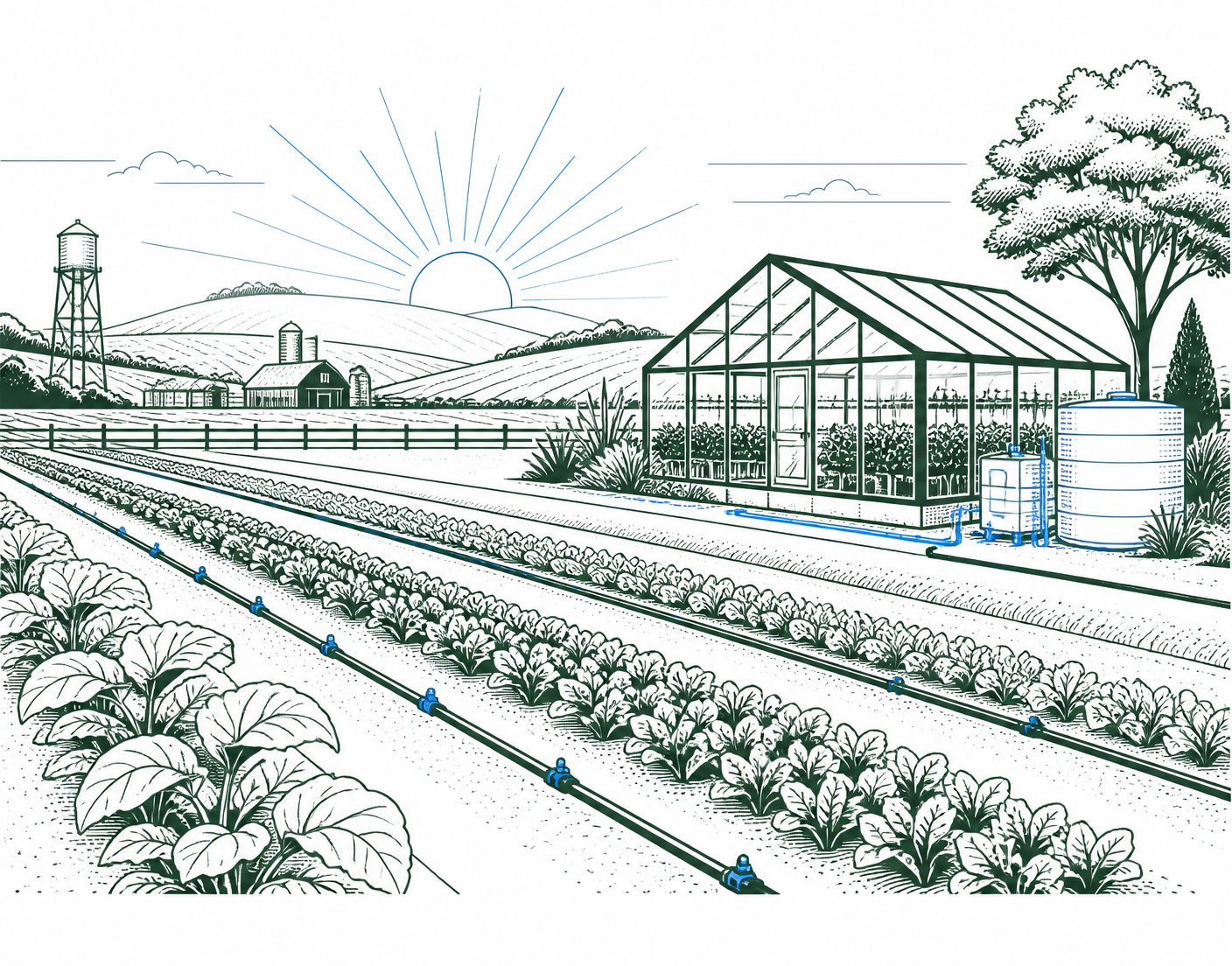 Line-art illustration of an organised farm with crop rows, irrigation and a greenhouse